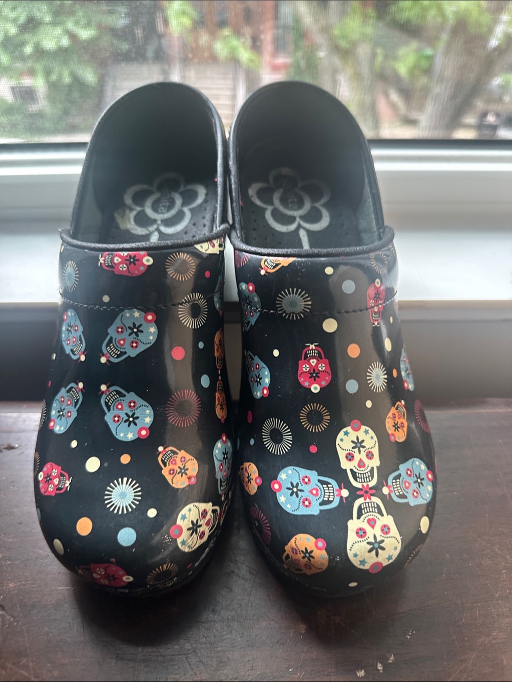 Sanita Black Clogs with Colorful Sugar Skull Motif